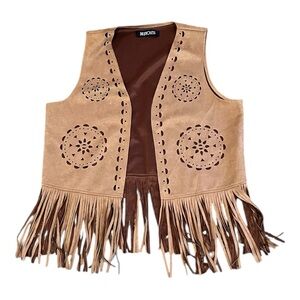 Relish NoLess Tan Faux Suede Fringe Vest Boho Western Cutout Design‎ Size Large